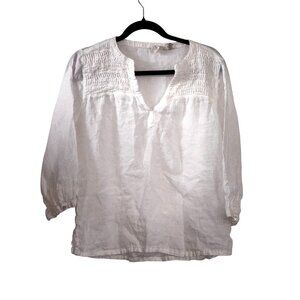 Joie White Smocked Neck 100% Linen Long Sleeve Blouse Womens L